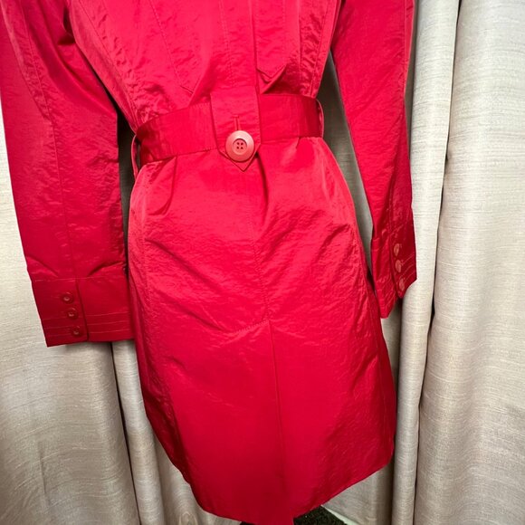 Ambition Red Trench Coat Medium Belted Double Breasted Fashion Chic Raincoat - Picture 14 of 16